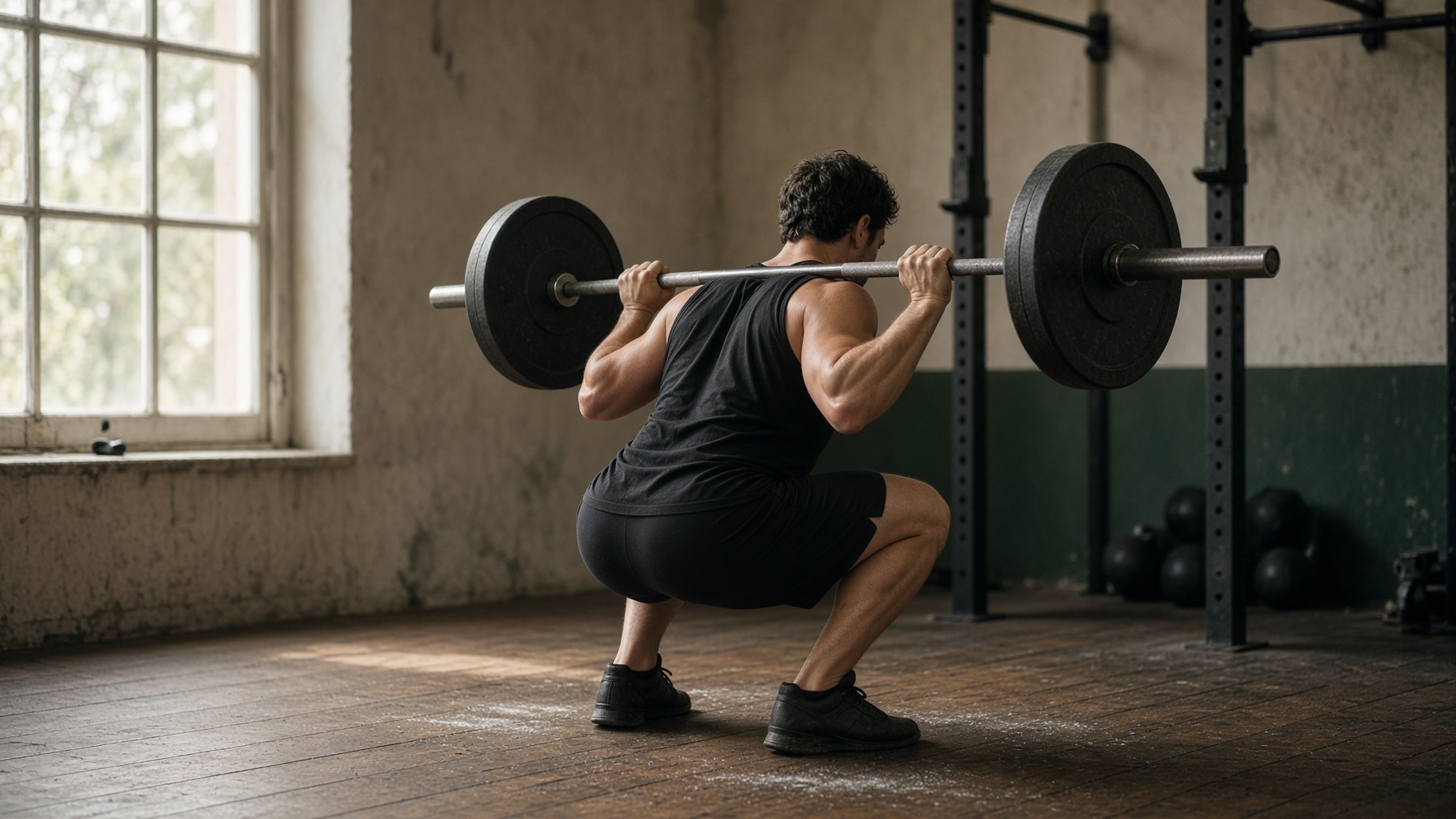 A lifter performing a barbell squat in a quiet gym, photographed from behind