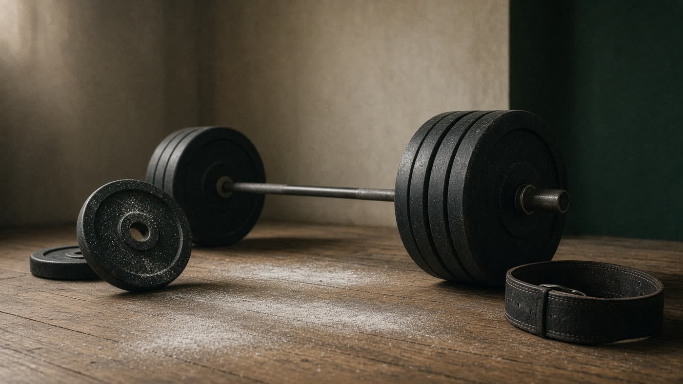 Barbell and plates on a gym floor