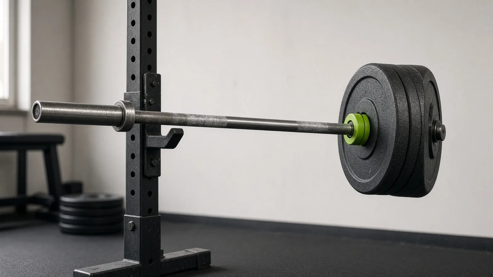 A barbell with iron plates on a rack in a quiet gym